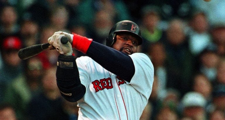 Boston Red Sox first baseman Mo Vaughn swinging a bat